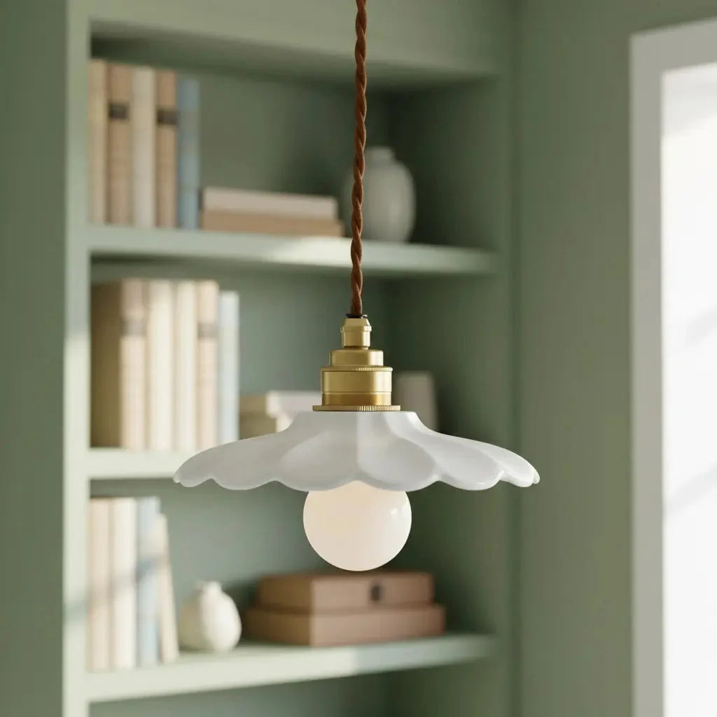 Lampa Wisząca Retro z Ceramicznym Kloszem w Kształcie Płatka - 5