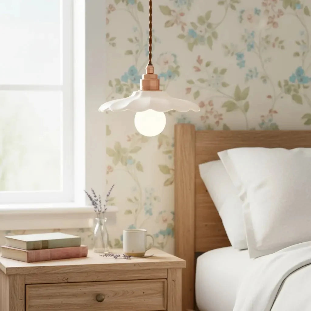 Lampa Wisząca Retro z Ceramicznym Kloszem w Kształcie Płatka - 8