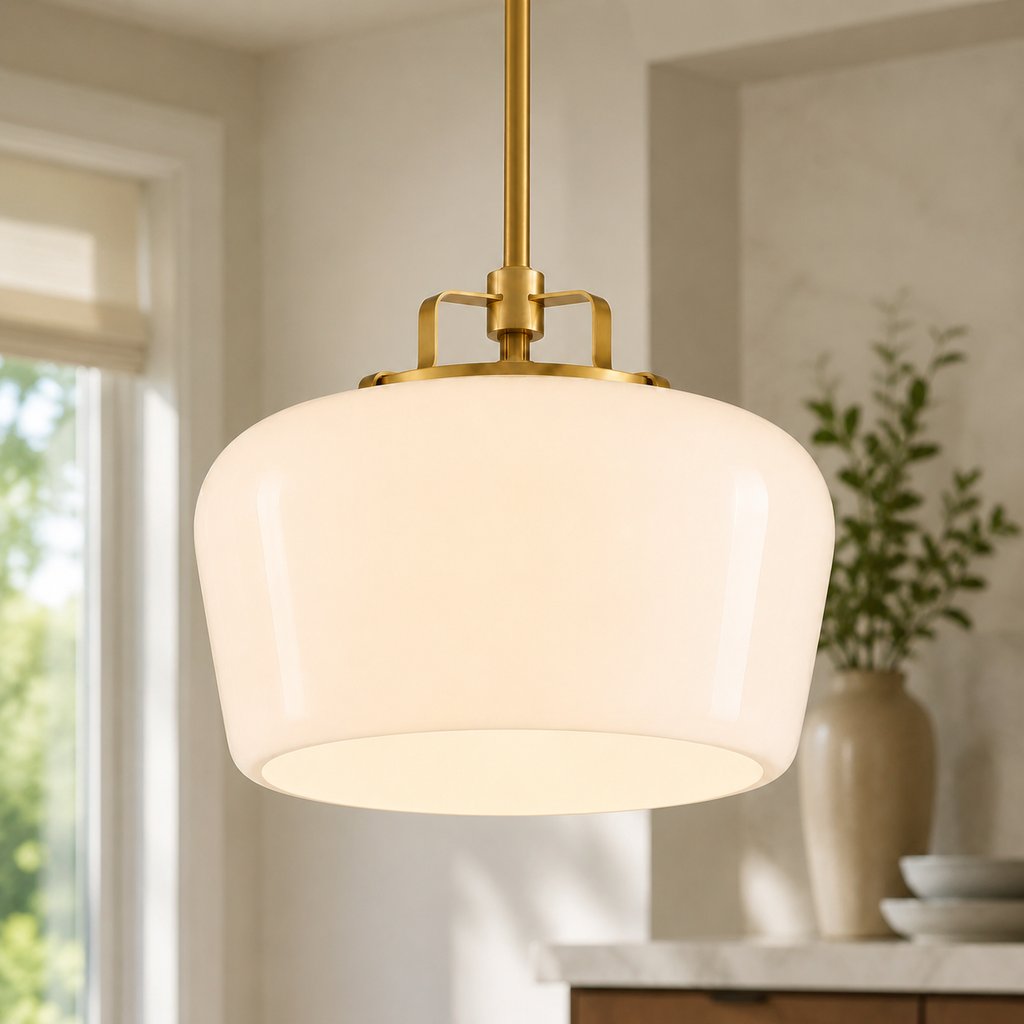 OOS Lampa Wisząca Retro z Kloszem Szklanym na Mosiężnym Stelażu - Mleczna Biel