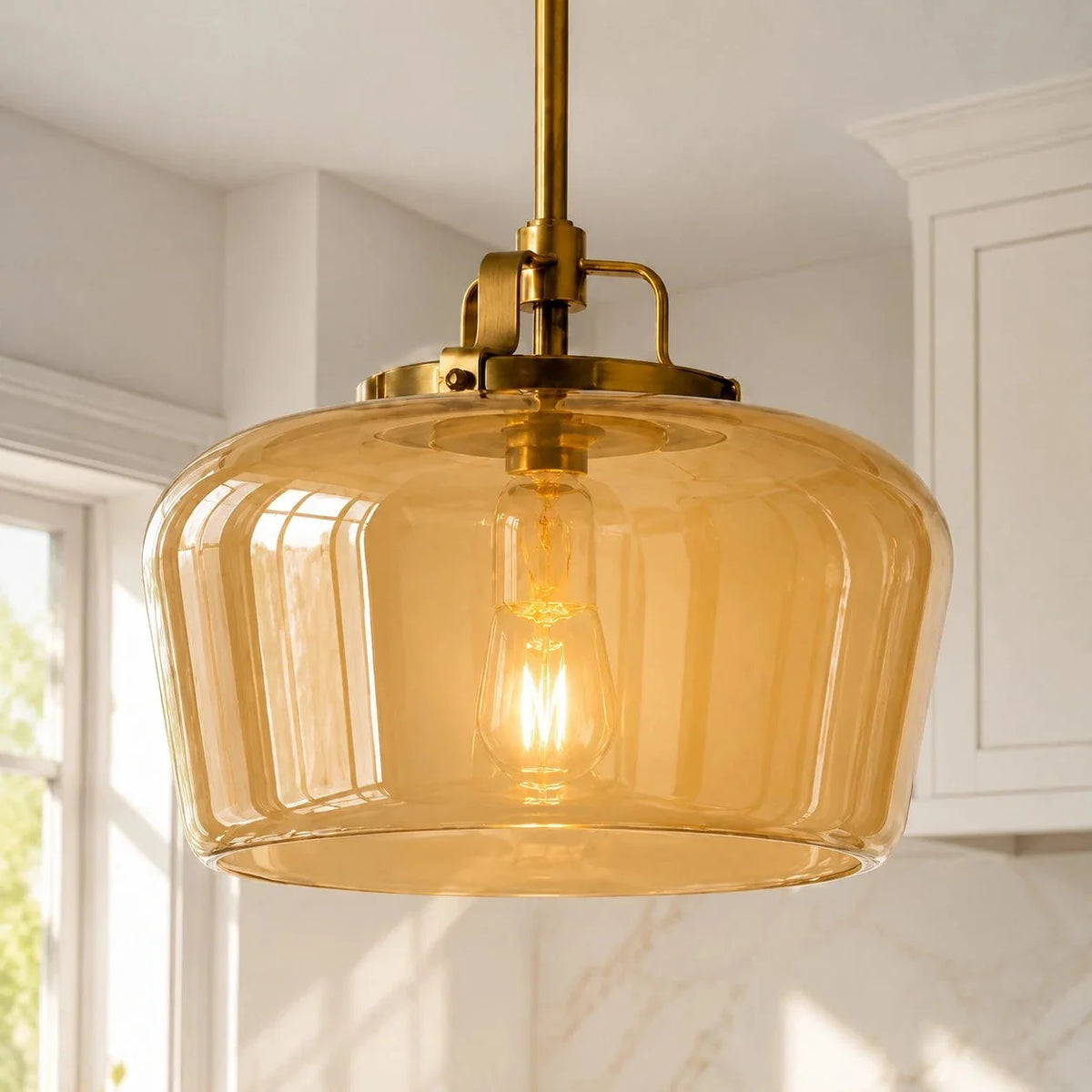 OOS Lampa Wisząca Retro z Kloszem Szklanym na Mosiężnym Stelażu - Żółć