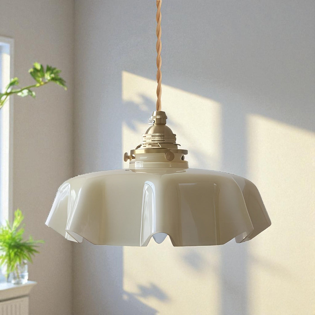 Lampa Wisząca Retro z Kwiatowym Kloszem ze Szkła - Beżowy