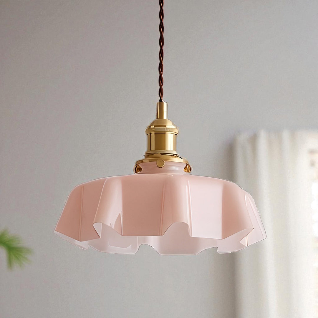 Lampa Wisząca Retro z Kwiatowym Kloszem ze Szkła - Różowy