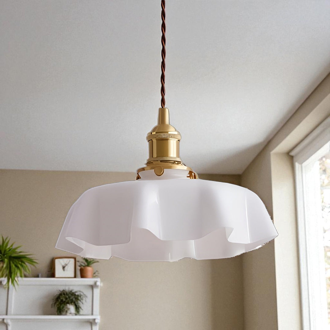 Lampa Wisząca Retro z Kwiatowym Kloszem ze Szkła - Biały