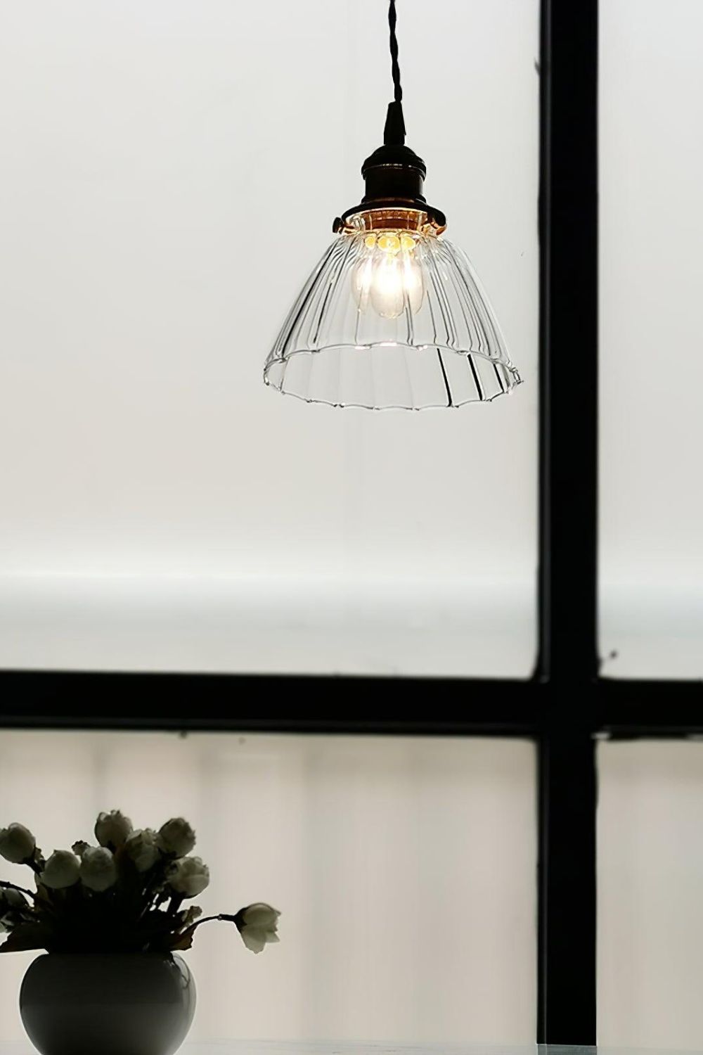 Lampa Wisząca Retro ze Szklanym Kloszem z Prążkowanego Szkła - 14