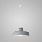 Lampa Wisząca Skandynawska z Drewnianym Detalem i Płaskim Kloszem - Szary