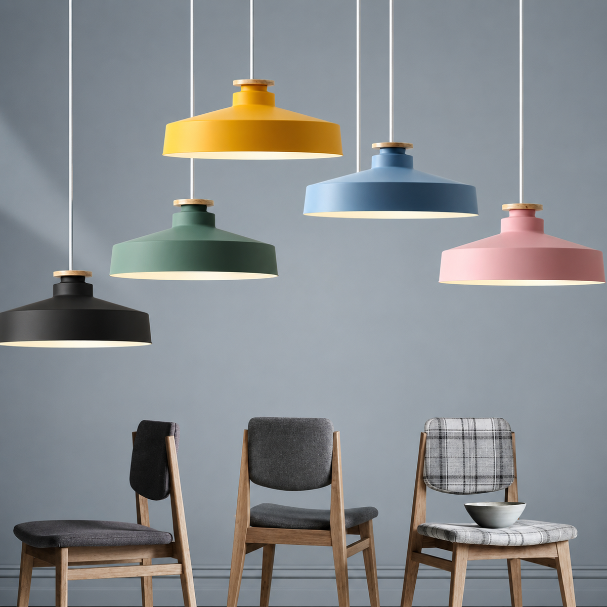 Lampa Wisząca Skandynawska z Drewnianym Detalem i Płaskim Kloszem - 11