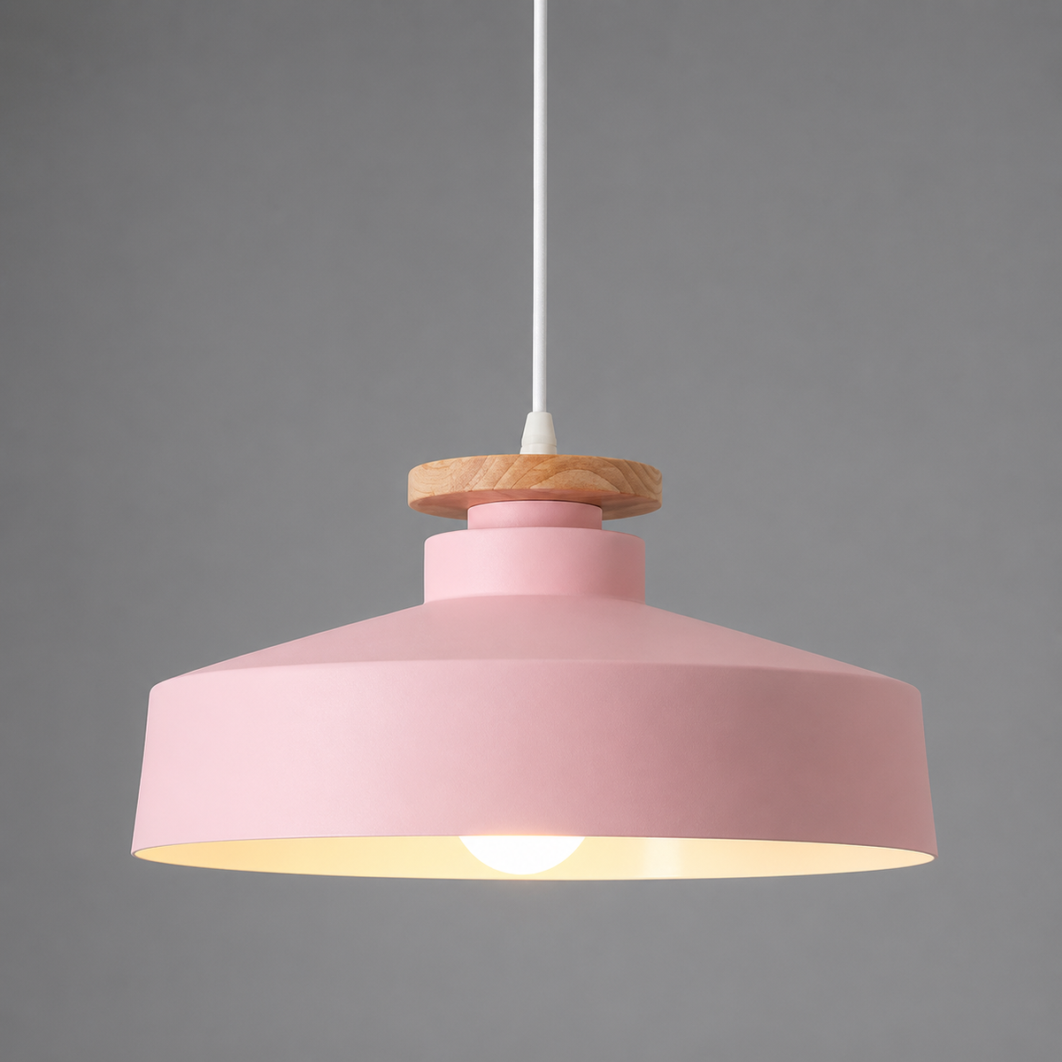 Lampa Wisząca Skandynawska z Drewnianym Detalem i Płaskim Kloszem - Różowy