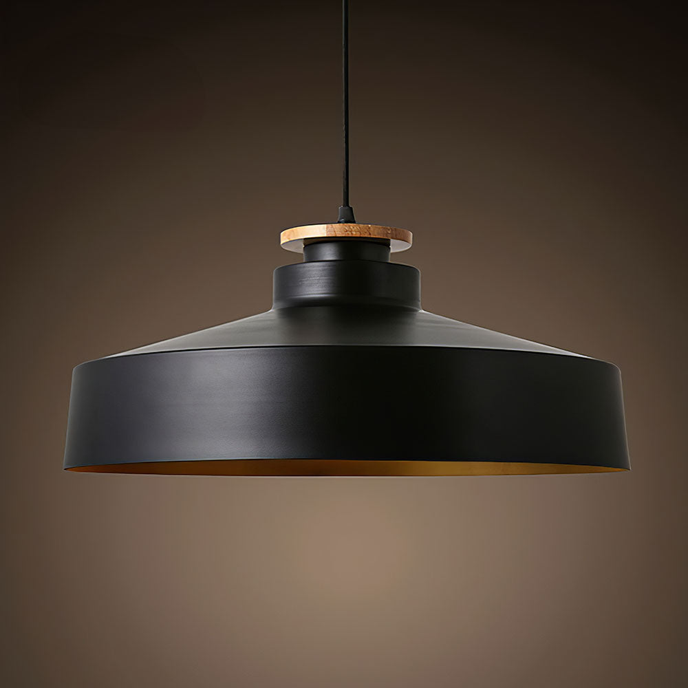 Lampa Wisząca Skandynawska z Drewnianym Detalem i Płaskim Kloszem - 4