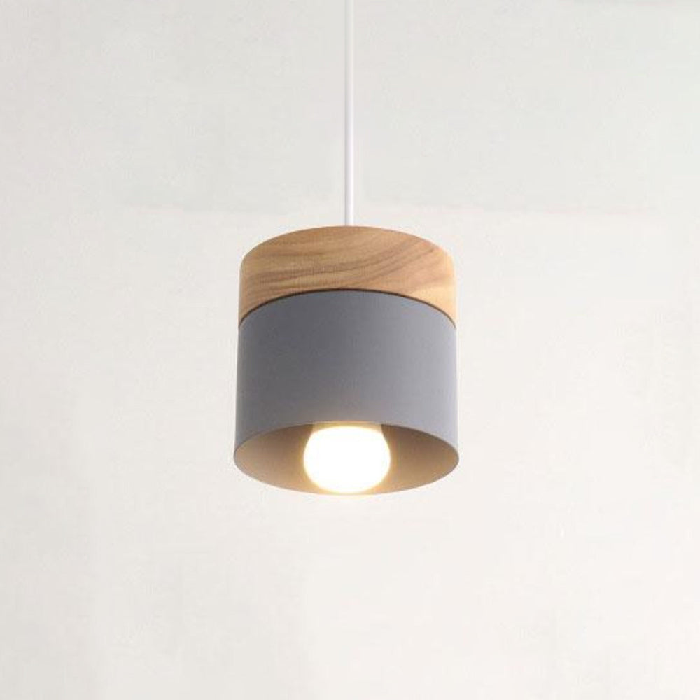 Lampa Wisząca Skandynawska z Drewnianym Kloszem i Metalowym Abażurem - Szary