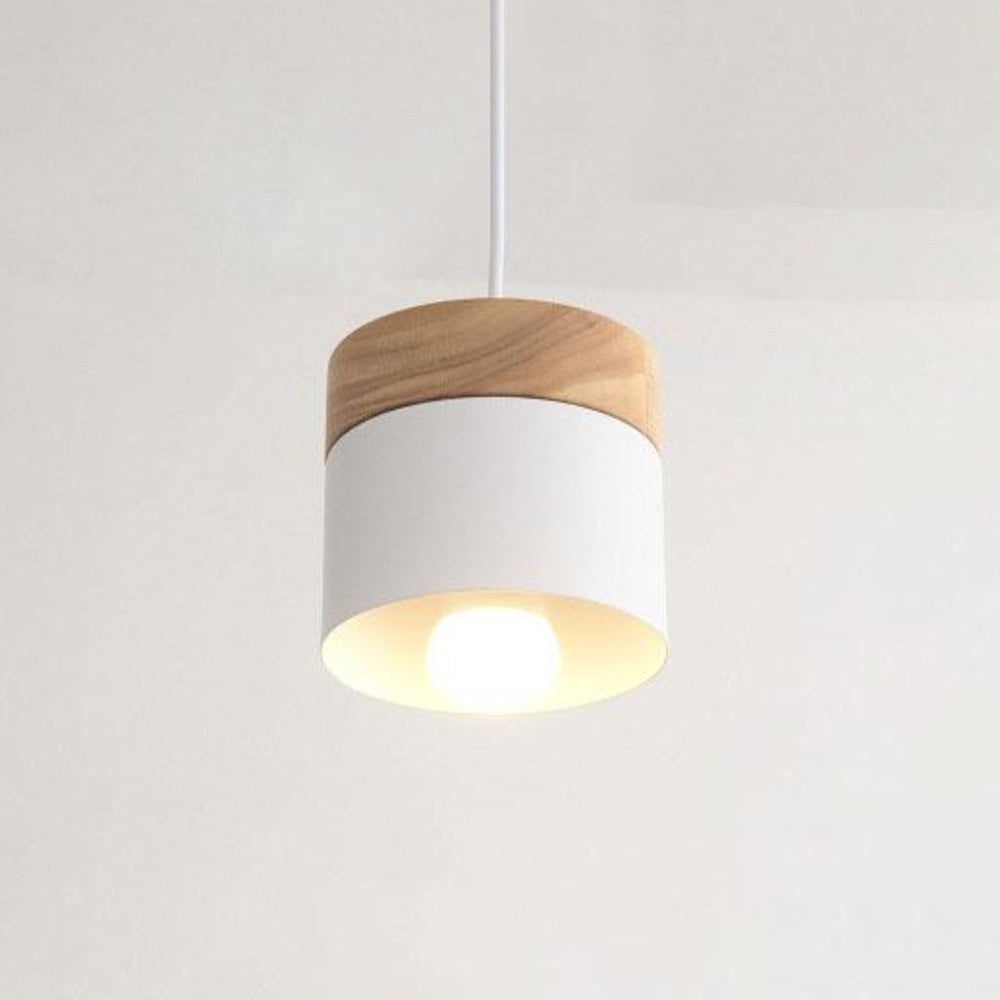 Lampa Wisząca Skandynawska z Drewnianym Kloszem i Metalowym Abażurem - Biały