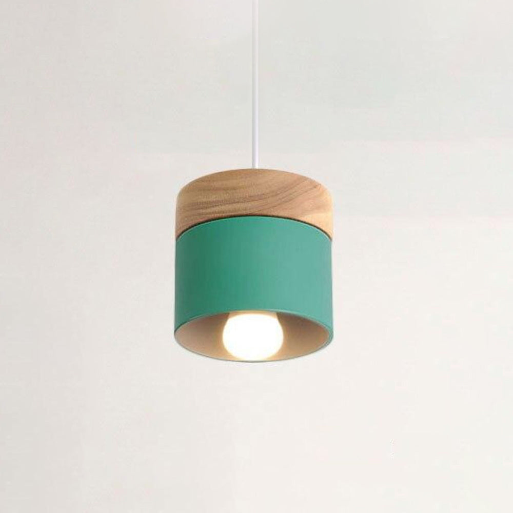 Lampa Wisząca Skandynawska z Drewnianym Kloszem i Metalowym Abażurem - Zielony
