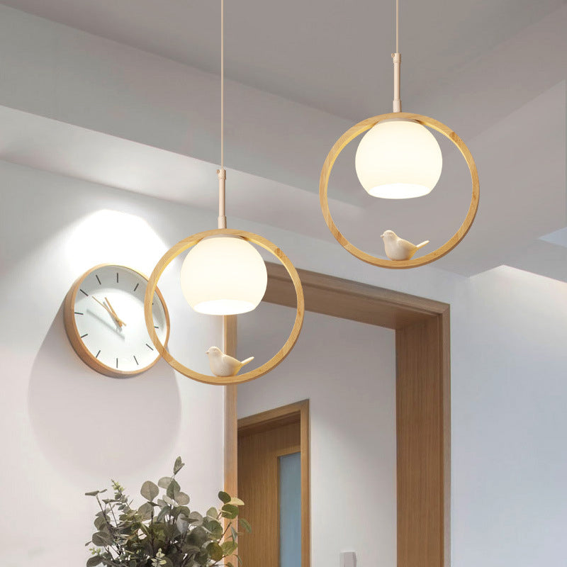 Lampa Wisząca Skandynawska z Okrągłą Ramą i Figurką Ptaka