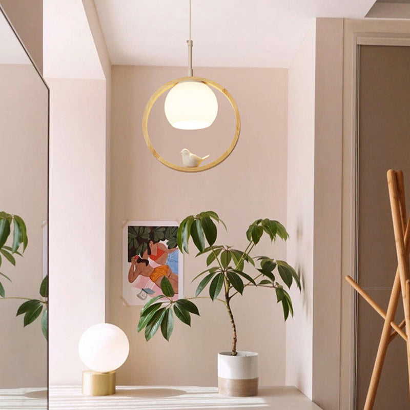 Lampa Wisząca Skandynawska z Okrągłą Ramą i Figurką Ptaka - 7