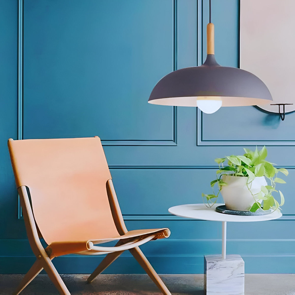 Lampa Wisząca Skandynawska z Okrągłym Kloszem i Drewnianym Akcentem - 14