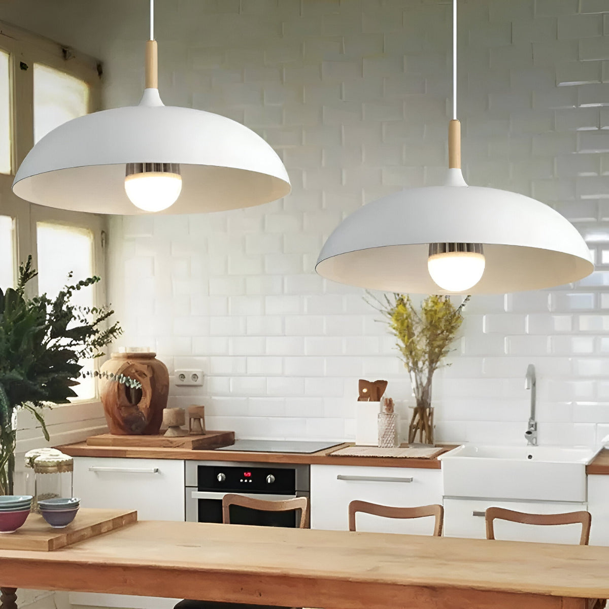 Lampa Wisząca Skandynawska z Okrągłym Kloszem i Drewnianym Akcentem - 36