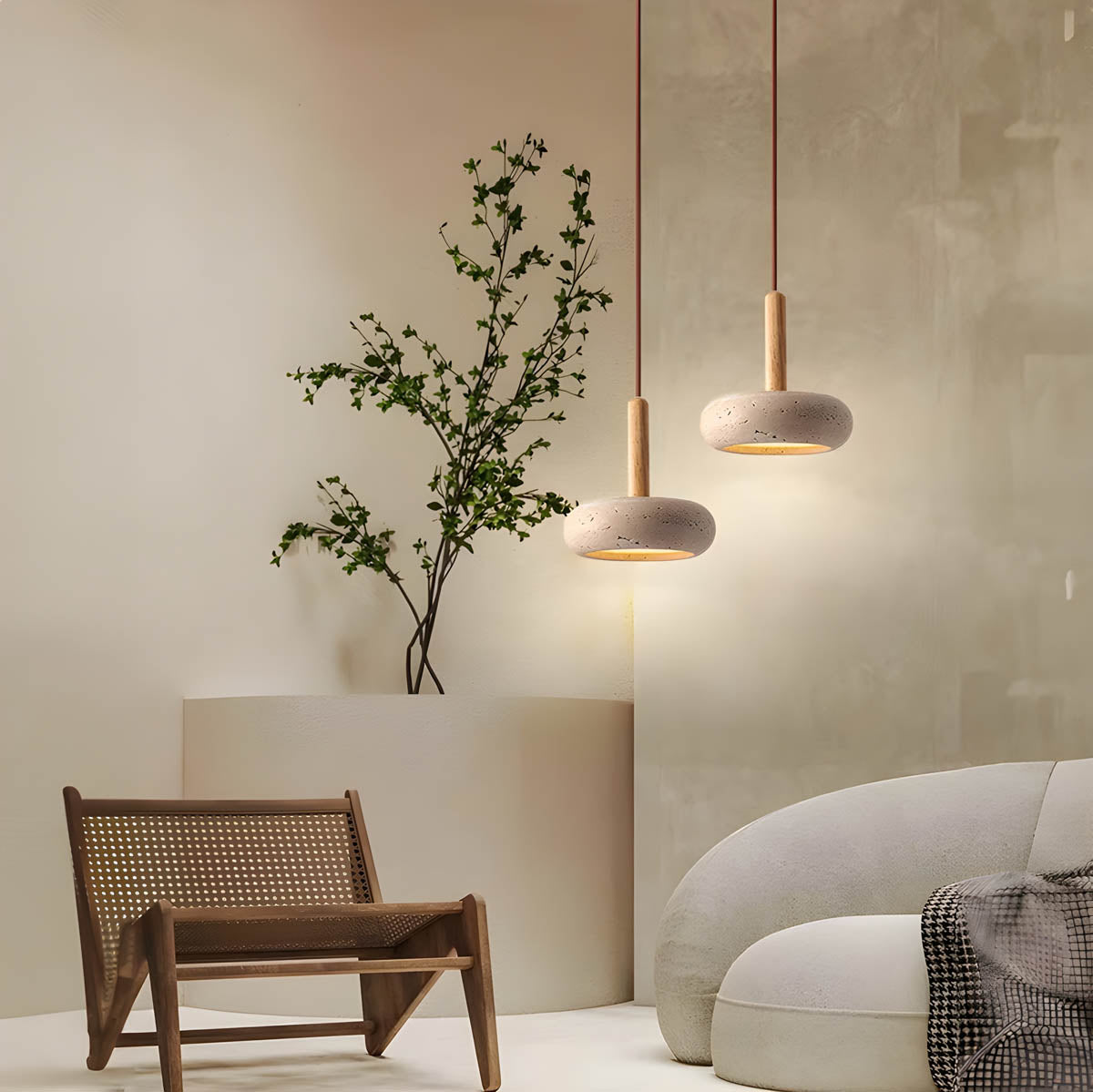 Lampa Wisząca Skandynawska z Trawertynu z Drewnianym Akcentem - 5