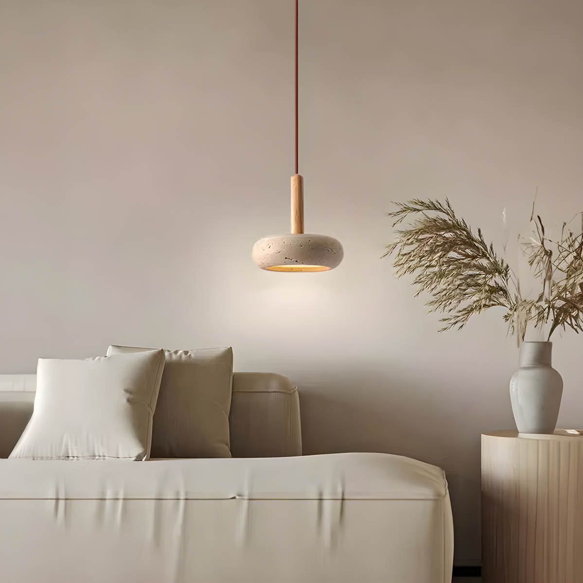 Lampa Wisząca Skandynawska z Trawertynu z Drewnianym Akcentem - 7