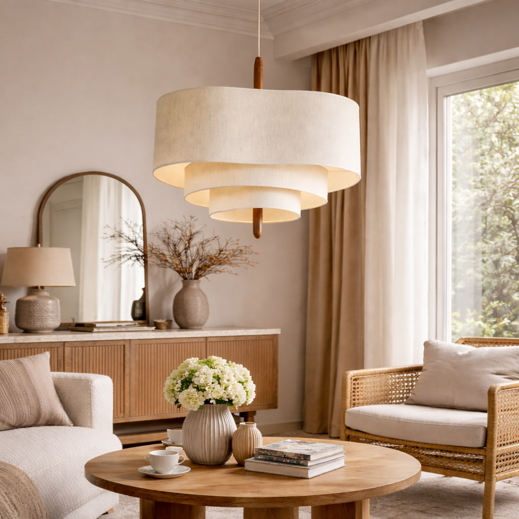 Lampa Wisząca Skandynawska z Trzema Poziomami Abażura i Drewnianym Detalem - 10