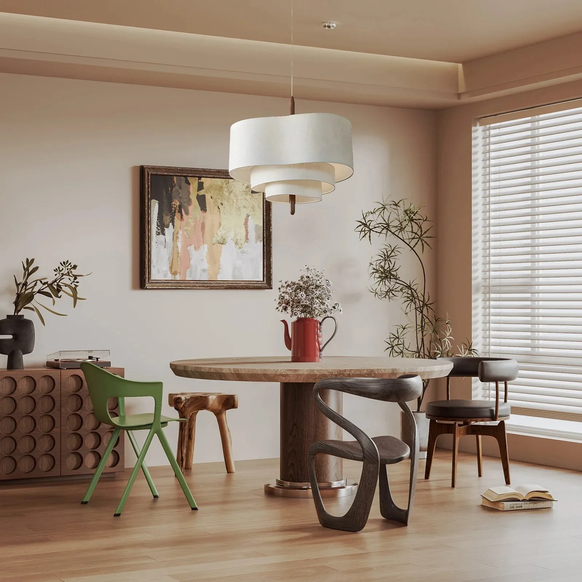 Lampa Wisząca Skandynawska z Trzema Poziomami Abażura i Drewnianym Detalem - 4