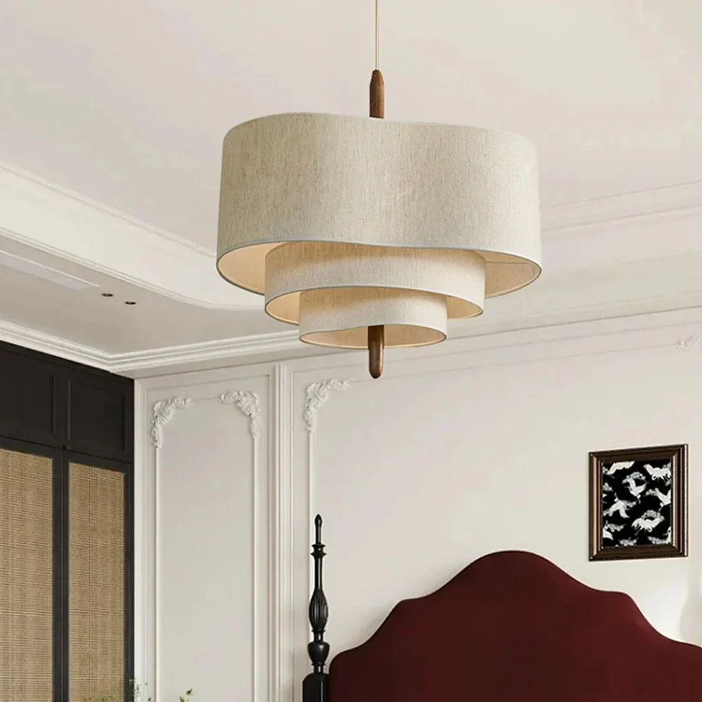 Lampa Wisząca Skandynawska z Trzema Poziomami Abażura i Drewnianym Detalem - 8