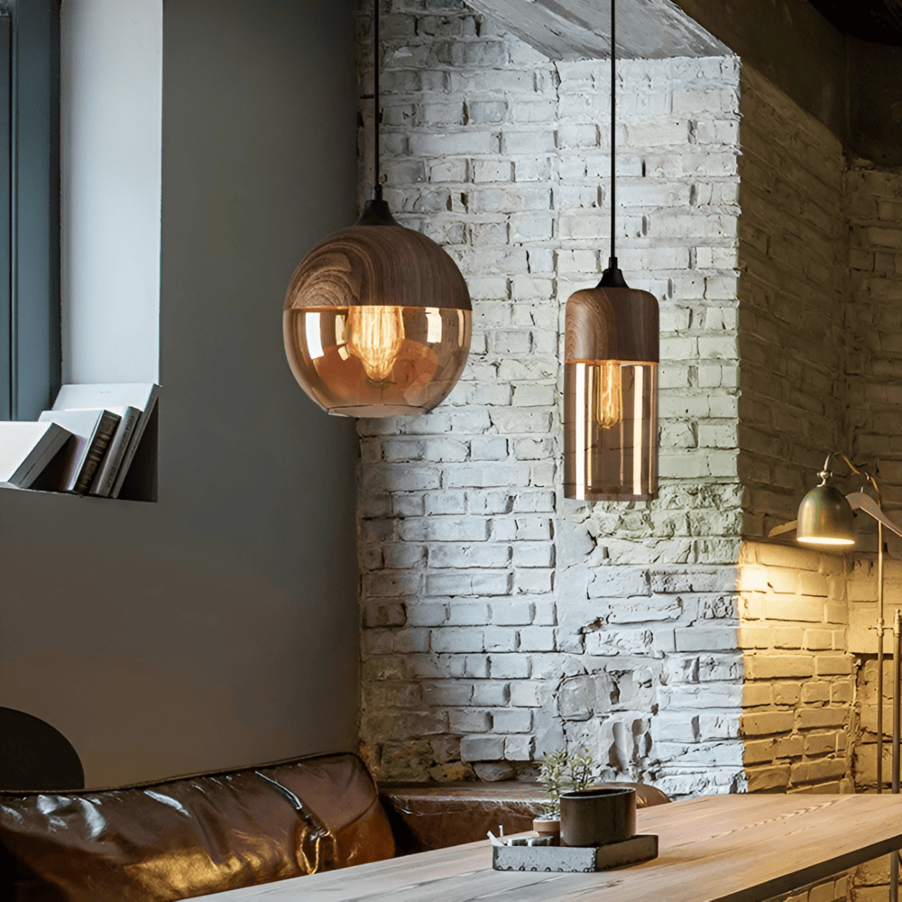 Lampa Wisząca Skandynawska ze Szklanym Kloszem i Drewnianym Wykończeniem - 6