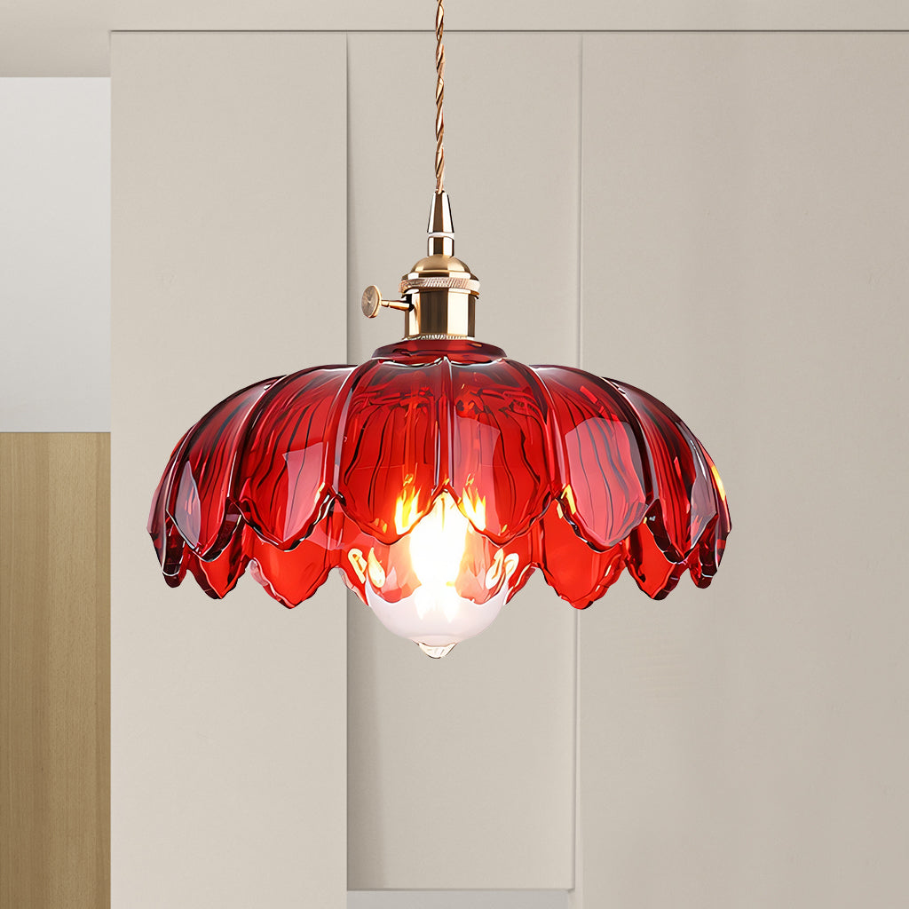 Lampa Wisząca Vintage Tulipanowa z Kloszem Szklanym i Oprawką Mosiężną - Czerwony