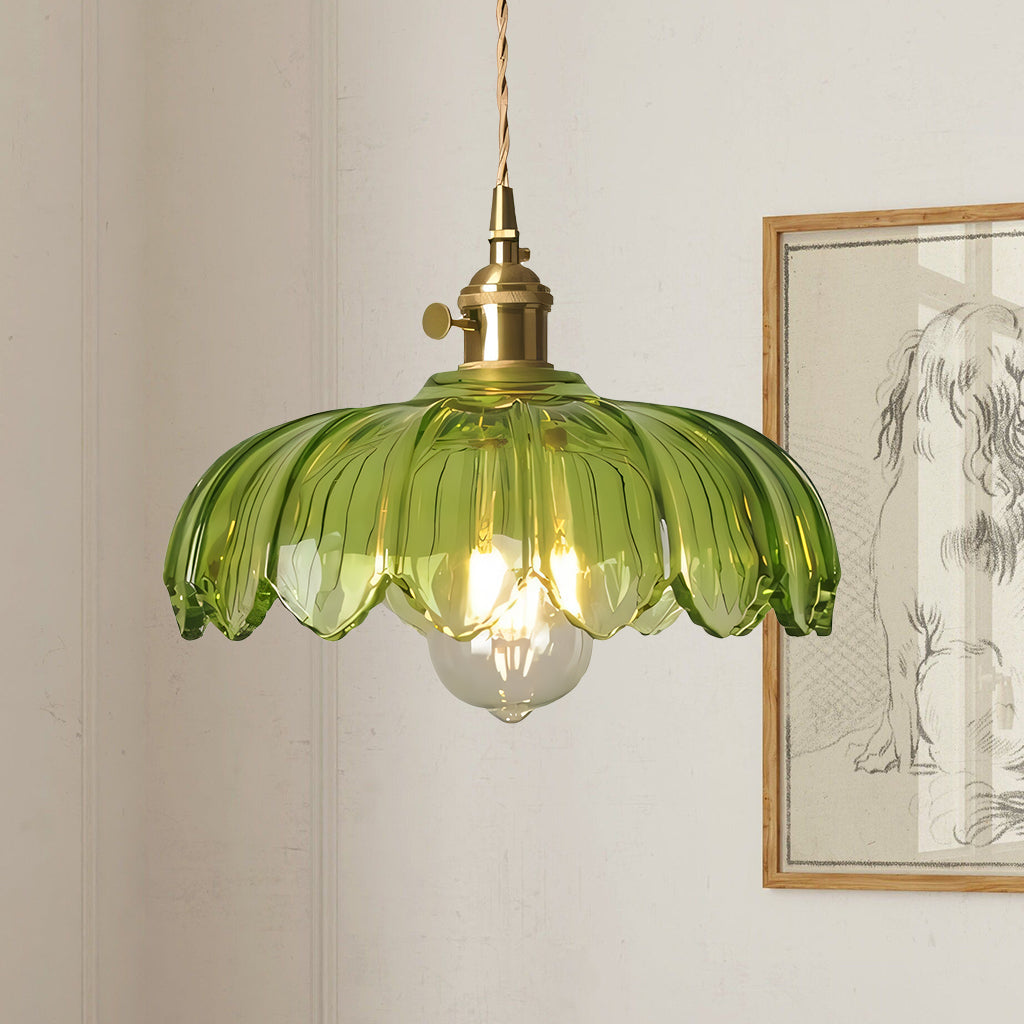 Lampa Wisząca Vintage Tulipanowa z Kloszem Szklanym i Oprawką Mosiężną - Zielony