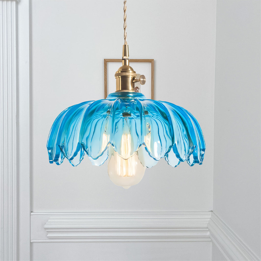 Lampa Wisząca Vintage Tulipanowa z Kloszem Szklanym i Oprawką Mosiężną - Niebieski