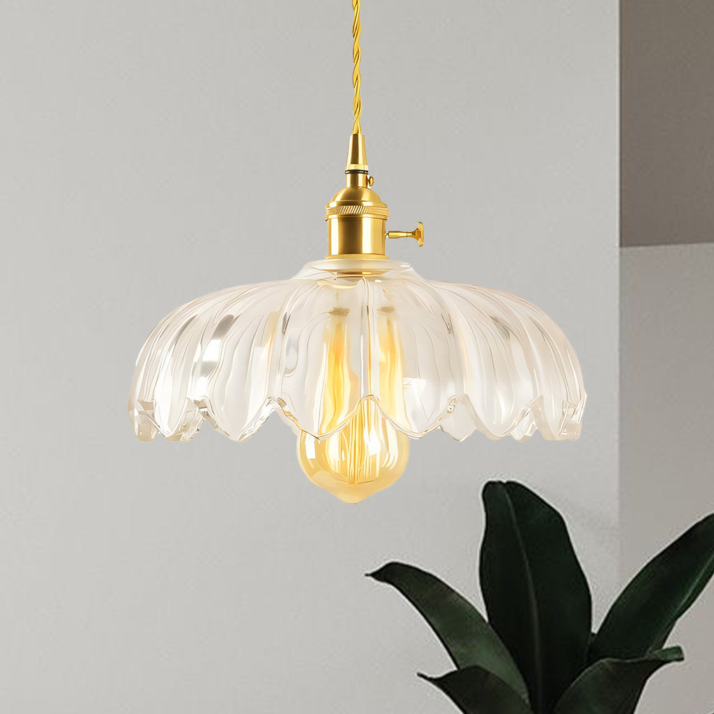 Lampa Wisząca Vintage Tulipanowa z Kloszem Szklanym i Oprawką Mosiężną - Przezroczysty
