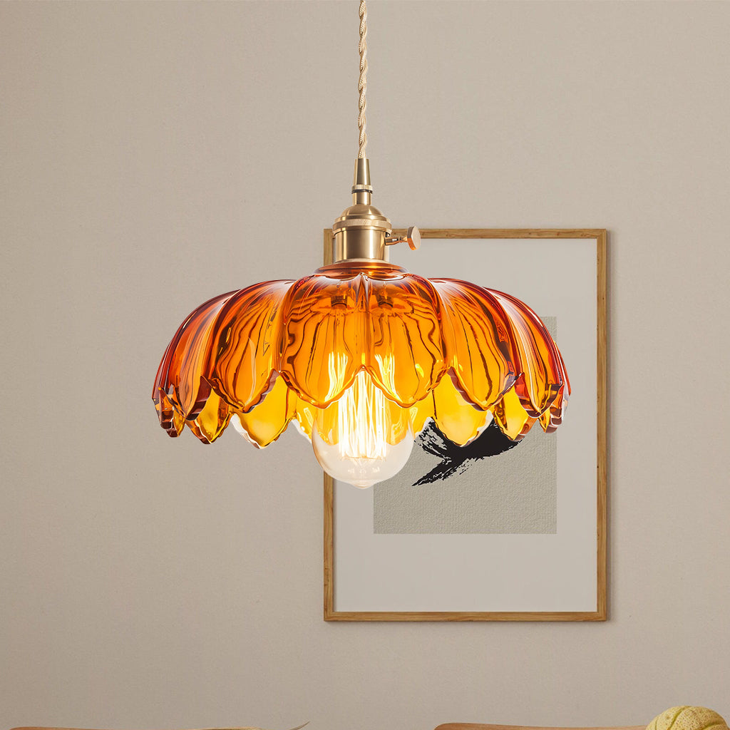 Lampa Wisząca Vintage Tulipanowa z Kloszem Szklanym i Oprawką Mosiężną - Bursztynowy
