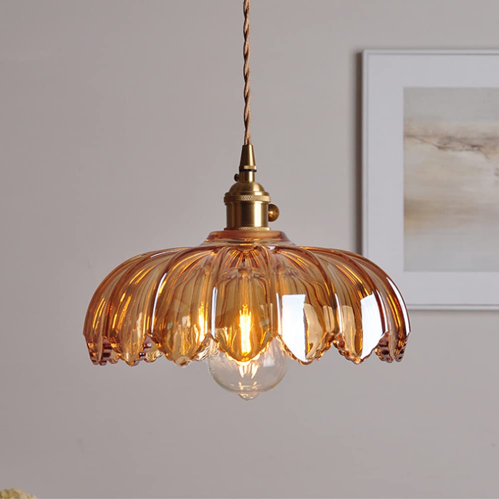 Lampa Wisząca Vintage z Kloszem w Kształcie Kwiatu - Bursztynowy