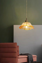 Lampa Wisząca Vintage z Kloszem w Kształcie Kwiatu Lotosu ze Szkła - Model A Ø 19 cm x W 7,5 cm / Żółty