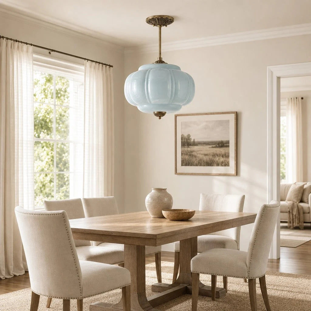Lampa Wisząca Vintage z Kloszem ze Szkła Mlecznego w Kształcie Dyni - 13