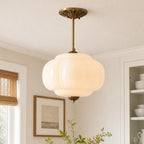 Lampa Wisząca Vintage z Kloszem ze Szkła Mlecznego w Kształcie Dyni - Biały
