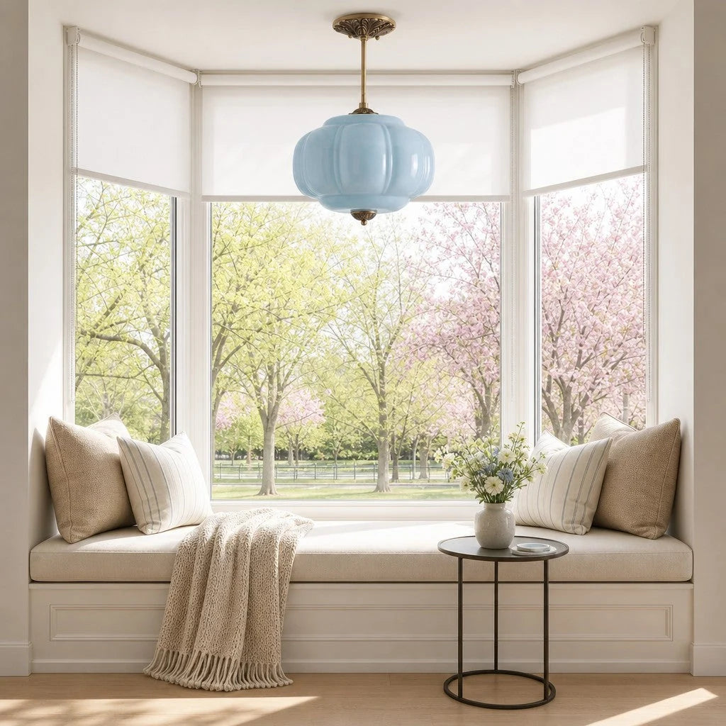 Lampa Wisząca Vintage z Kloszem ze Szkła Mlecznego w Kształcie Dyni - 5