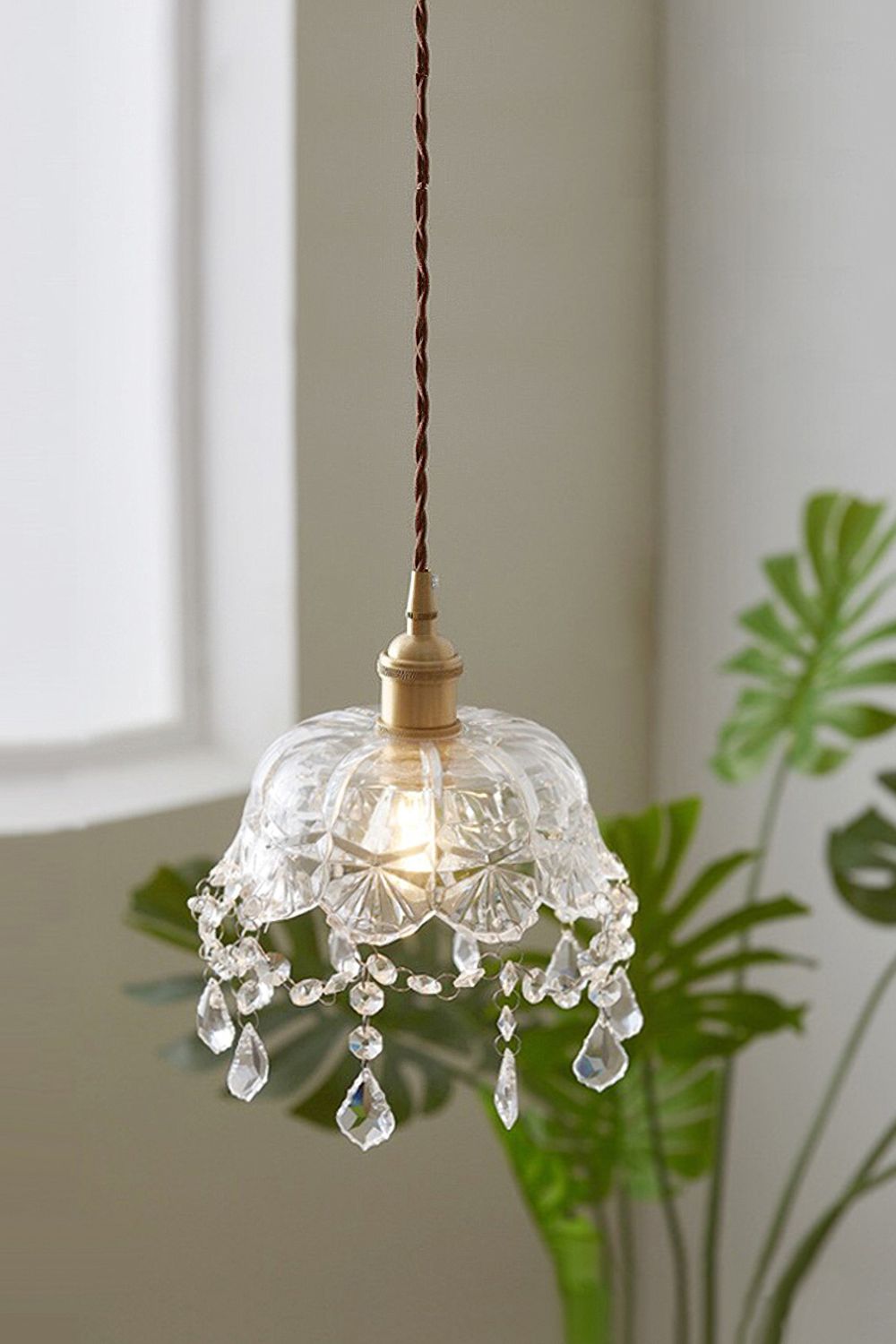 Lampa Wisząca Vintage z Kryształowymi Zawieszkami i Szklanym Kloszem - 5