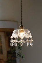 Lampa Wisząca Vintage z Kryształowymi Zawieszkami i Szklanym Kloszem