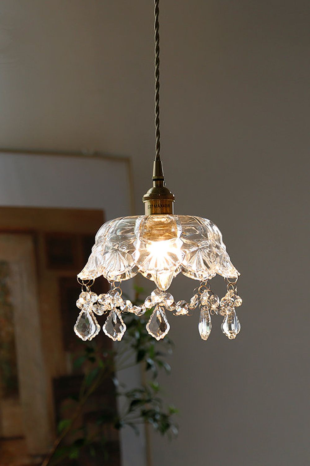 Lampa Wisząca Vintage z Kryształowymi Zawieszkami i Szklanym Kloszem