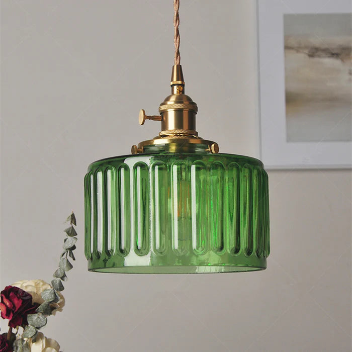 Lampa Wisząca Vintage z Żebrowanym Kloszem Szklanym i Regulowaną Wysokością - Zielony