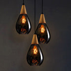 Lampa Wisząca Vintage ze Szklanym Kloszem w Kształcie Kropli i Drewnianym Mocowaniem - Szary Dymiony