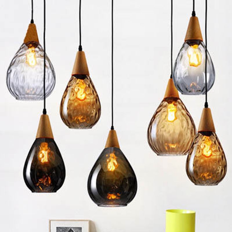 Lampa Wisząca Vintage ze Szklanym Kloszem w Kształcie Kropli i Drewnianym Mocowaniem - 10