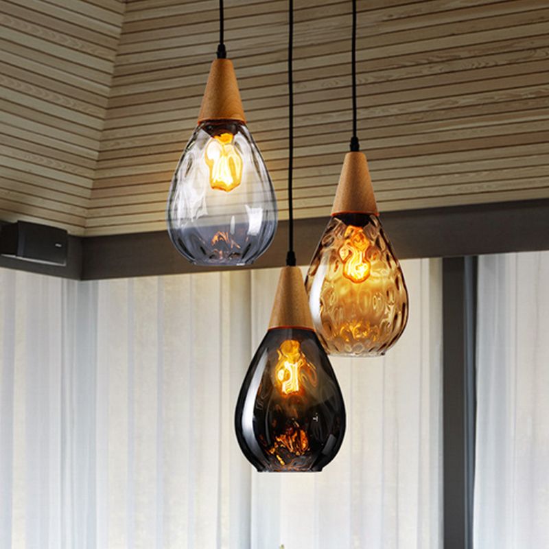 Lampa Wisząca Vintage ze Szklanym Kloszem w Kształcie Kropli i Drewnianym Mocowaniem - 11