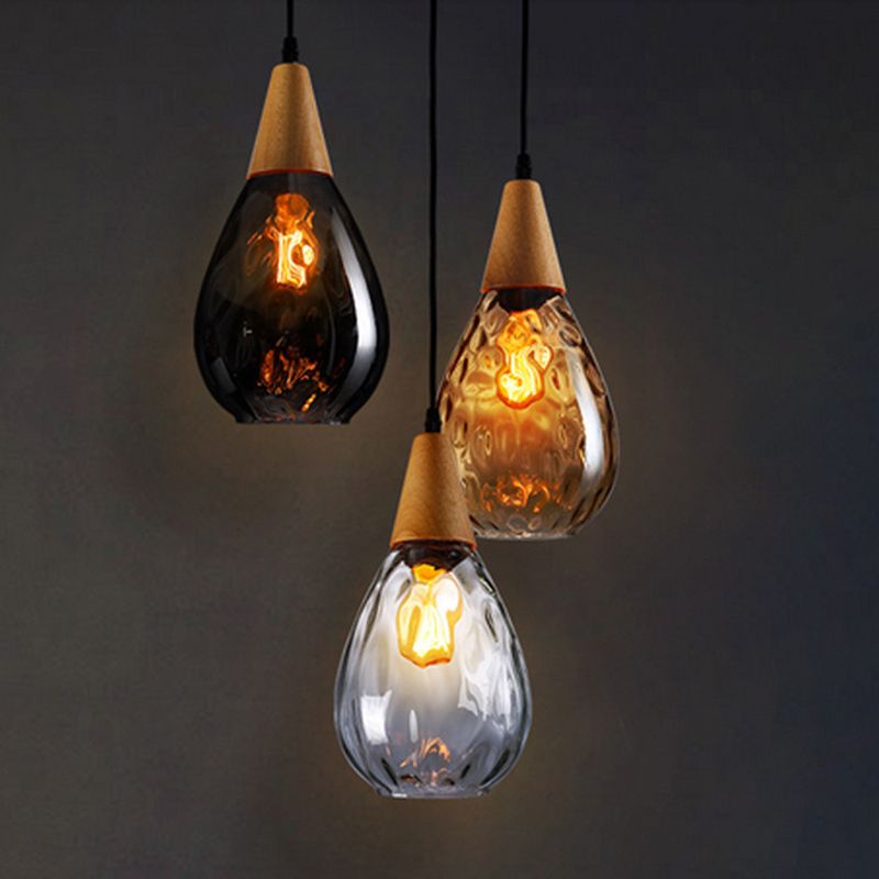 Lampa Wisząca Vintage ze Szklanym Kloszem w Kształcie Kropli i Drewnianym Mocowaniem - 12