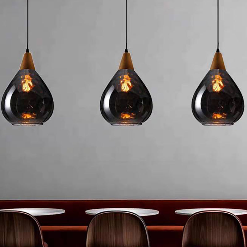 Lampa Wisząca Vintage ze Szklanym Kloszem w Kształcie Kropli i Drewnianym Mocowaniem - Szary Dymiony