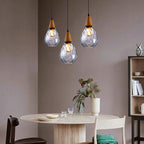Lampa Wisząca Vintage ze Szklanym Kloszem w Kształcie Kropli i Drewnianym Mocowaniem - Przezroczysty