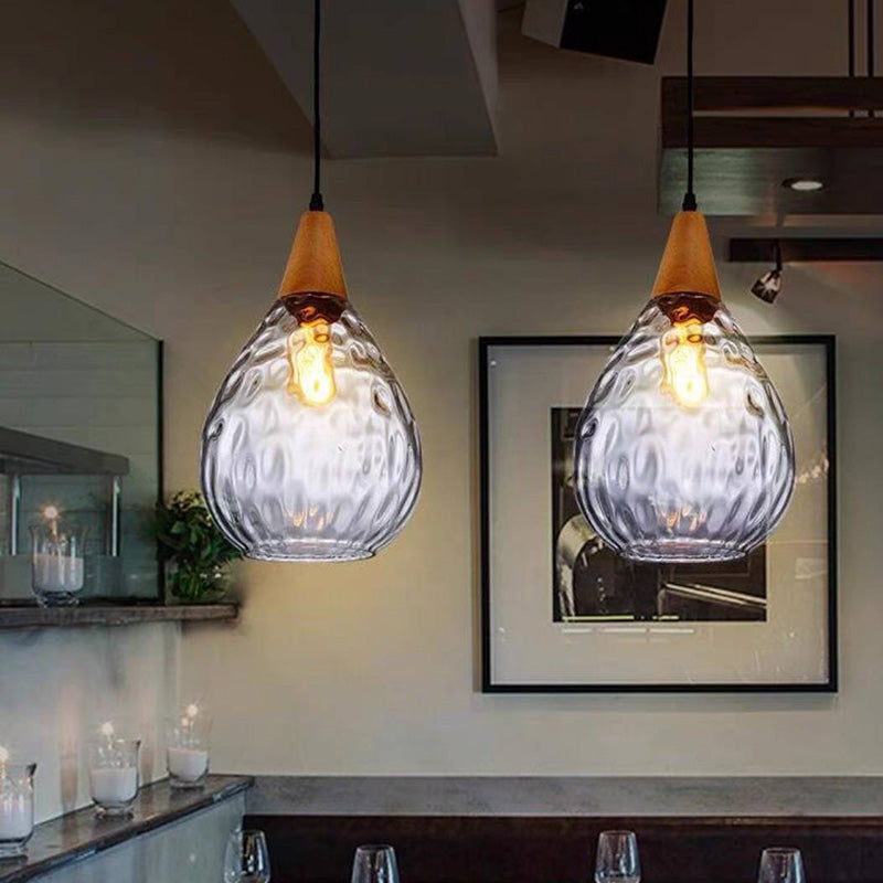 Lampa Wisząca Vintage ze Szklanym Kloszem w Kształcie Kropli i Drewnianym Mocowaniem