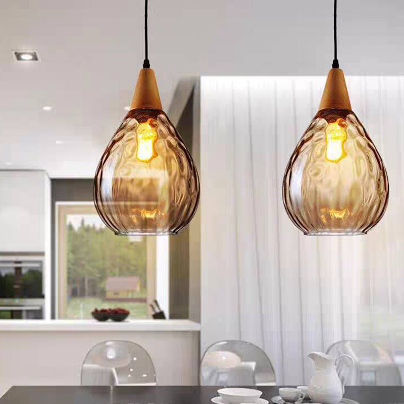 Lampa Wisząca Vintage ze Szklanym Kloszem w Kształcie Kropli i Drewnianym Mocowaniem - Bursztynowy