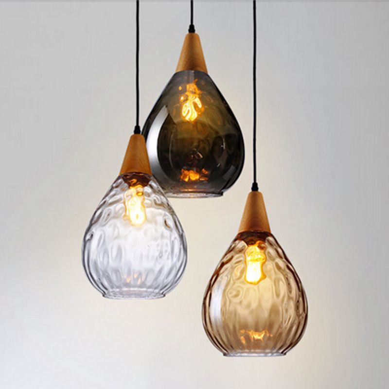 Lampa Wisząca Vintage ze Szklanym Kloszem w Kształcie Kropli i Drewnianym Mocowaniem - 8