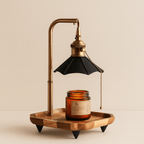 Lampka do Podgrzewania Świec Retro z Drewnianą Tacą i Łańcuszkowym Włącznikiem - Czarny