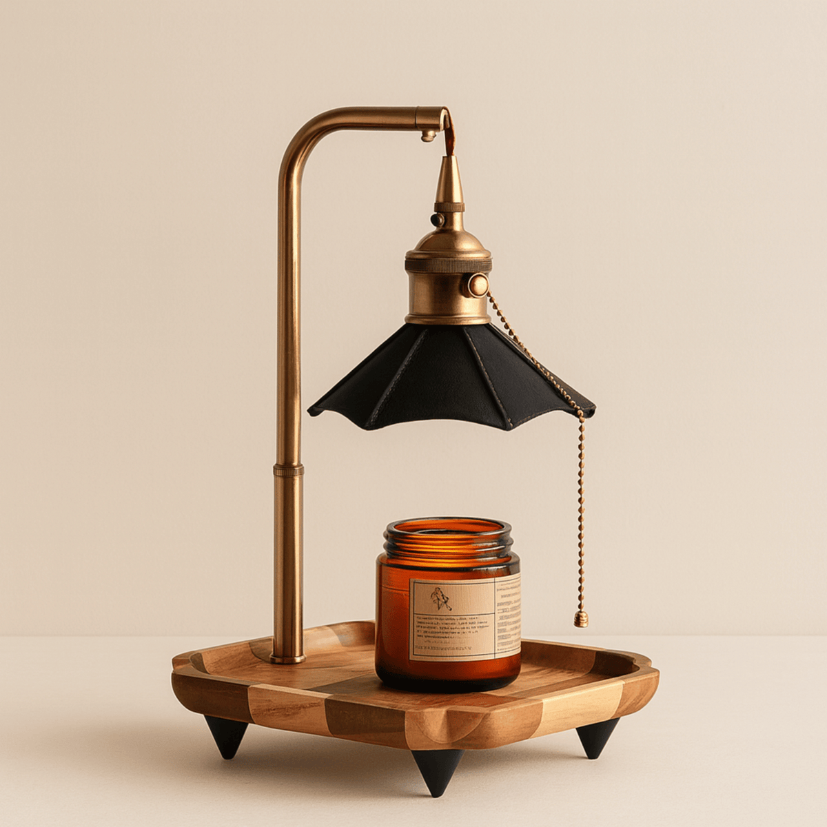 Lampka do Podgrzewania Świec Retro z Drewnianą Tacą i Łańcuszkowym Włącznikiem - Czarny